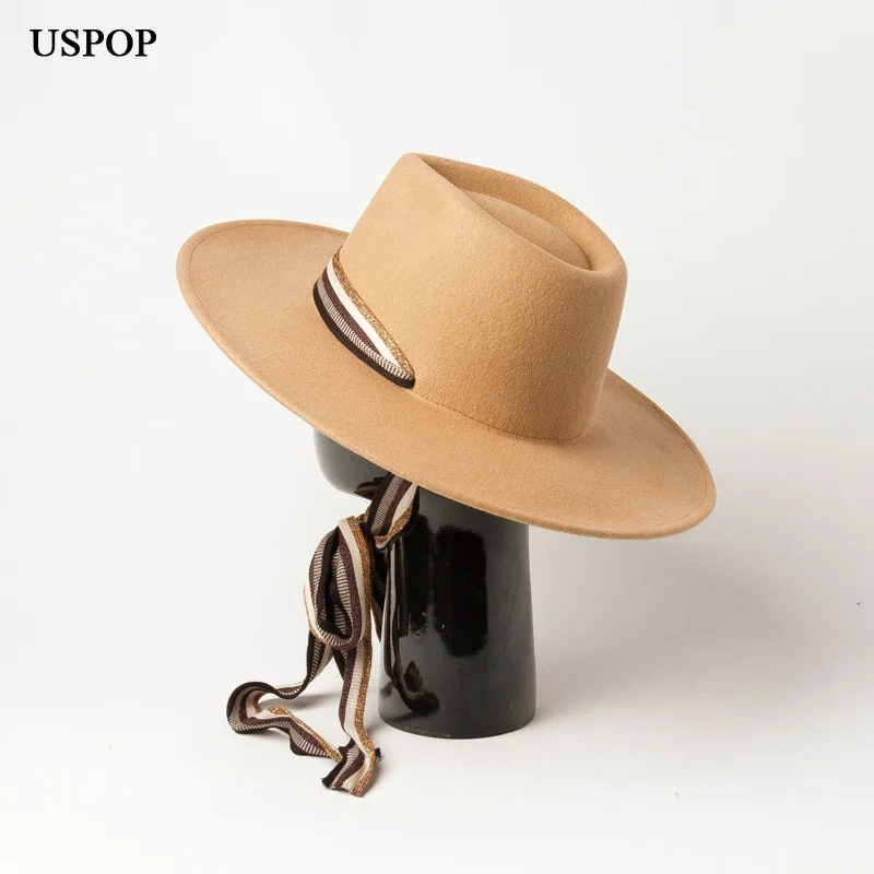 USPOP women fedoras hats wide brim wool jazz hats female striped long ribbon wool hats