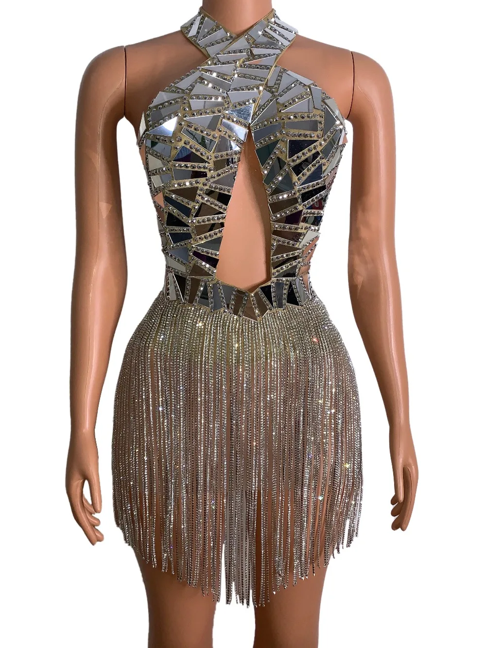 Vestido Sexy sin espalda con borlas de cristal y espejo plateado para mujer, vestido corto de noche para celebridades, fiesta de cumpleaños, disfraz de cantante de Bar