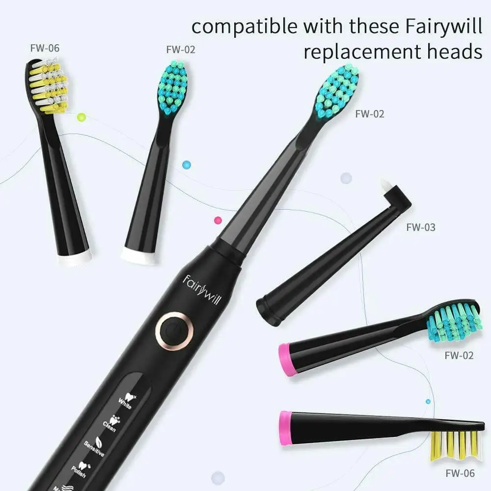 Fairywill FW507 Sonic Electric Toothbrushes for Adults Kids 5 Modes Smart Timer Rechargeable 8 Super Whitening Toothbrush Heads