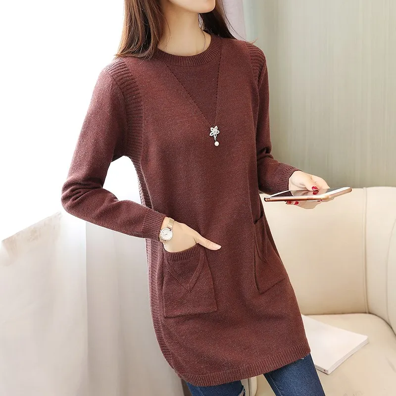 Solid Long Sweater Women Clothing 2024 New Korean Pocket Knit Sweater Dress Casual Warm Loose O neck Long sleeve Ladies Pullover