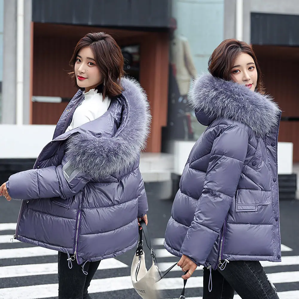 PinkyIsBlack Women Winter Hooded Thick Short Jacket Solid Casual Glossy Warm Cotton Padded Parkas Fur Collar Winter Coat Women