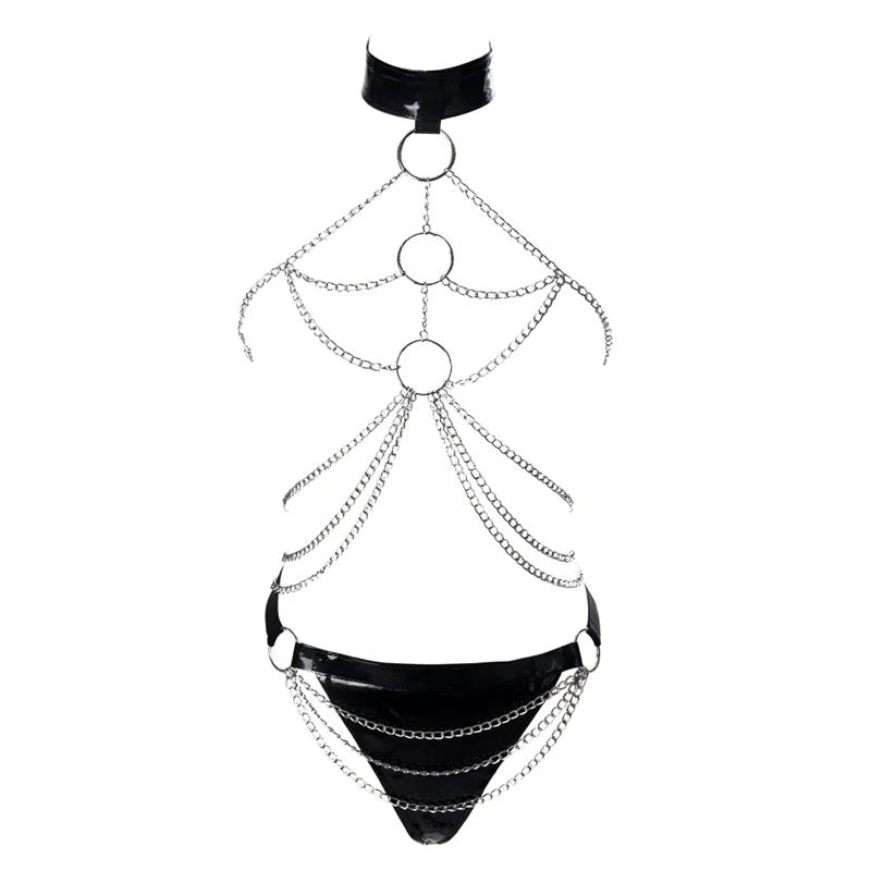 Glossy Leather Sexy Lingerie Bondage Harness Erotic Women Goth Open Chest Clothing Punk Body Chain BDSM Sex Cupless BRA Fetish