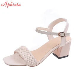 Aphixta 6.5cm Square Heels Summer Buckle Women Sandals Weave Slides Cool Open Toe Flip Flops Sandalias Mujer Plus Size 45 46