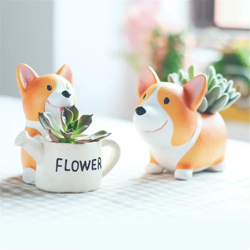 

Flower Succulent Pot Cartoon Corgi Creative Animal Dog Plant Vase Garden Resin Figurine Office Decoration Planter Pot Kids Gift