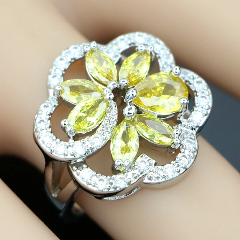 925 Silver Jewelry Sets For Women Wedding Accessories Yellow Cubic Zirconia Flower Shape Earring Pendant Necklace Ring Set