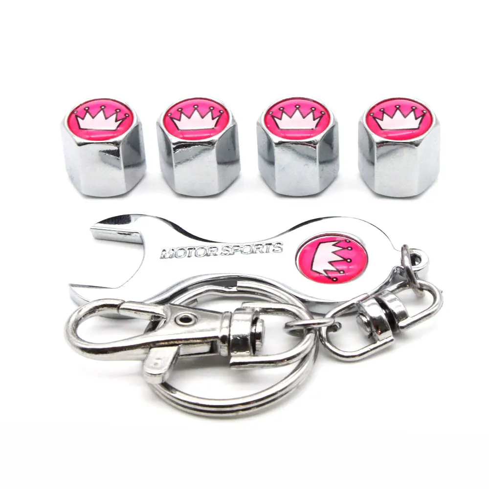 5Pcs/Set Pink Crown Style Anti-theft Emblem Auto Car Wheel Tire Air Valve Caps With Wrench Keychain Zinc Alloy Stem Dust Cover A