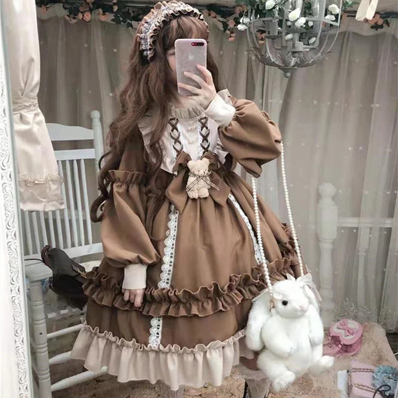 Gaun Anime Lolita Gaun Kawaii Beruang Busur Renda Wanita Gaun Putri Lengan Panjang Hadiah Kostum Halloween untuk Pesta Anak Perempuan