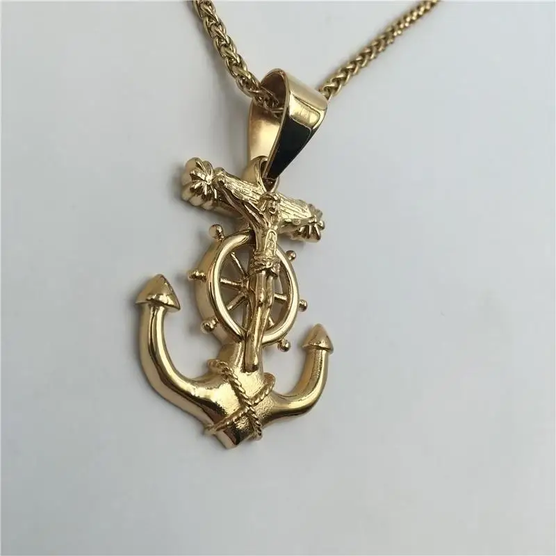 Cross Rudder Anchor Religious Punk Style High Quality Metal Sliding Pendant Necklace for Men Jewelry