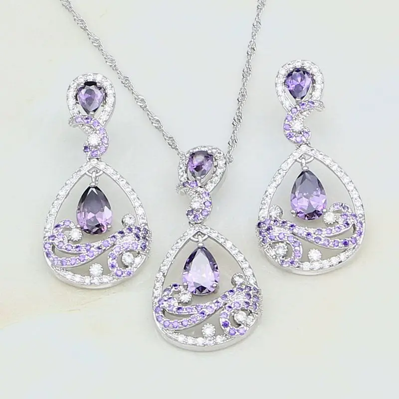 Purple Cubic Zirconia White Crystal 925 Sterling Silver Jewelry Sets For Women Stud Earrings/Pendant/Necklace/Bracelet