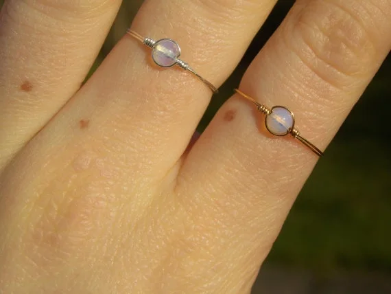 Dainty Wire Wrapped Opal Bead Ring (with Silver/Gold Plated Wire)