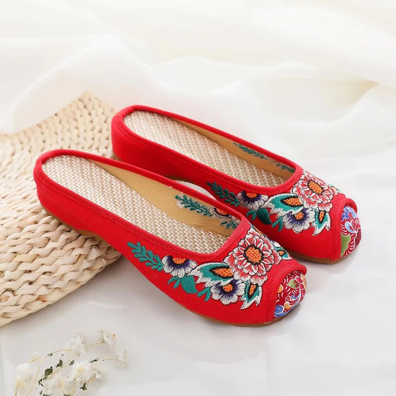 ZFTL Chinese traditional cloth shoes women embroidered ethnic sandals slippers home slippers Internal increase female handmade