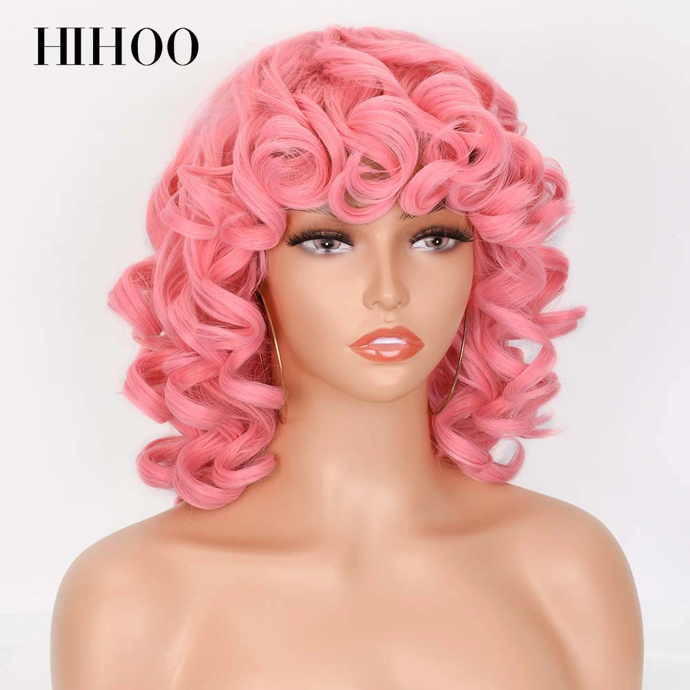 Short Hair Afro Kinky Curly Wigs With Bangs For Black Women Synthetic African Cosplay Natural Blonde Red White Pink Wig