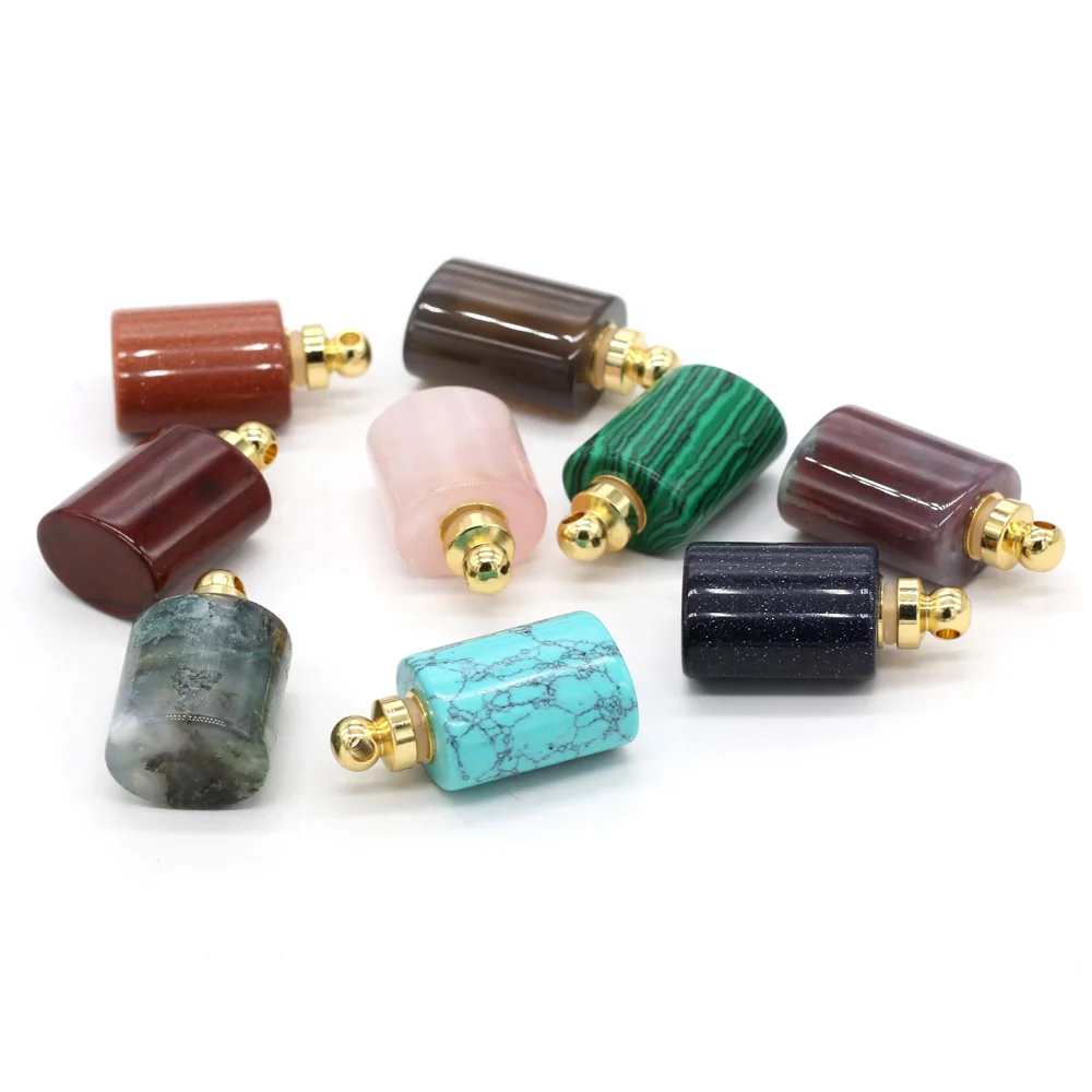 6PCS Natural Semi-precious Stone Flat Cylindrical Essential Oil Perfume Bottle Pendant Making DIY Necklace Jewelry Gift