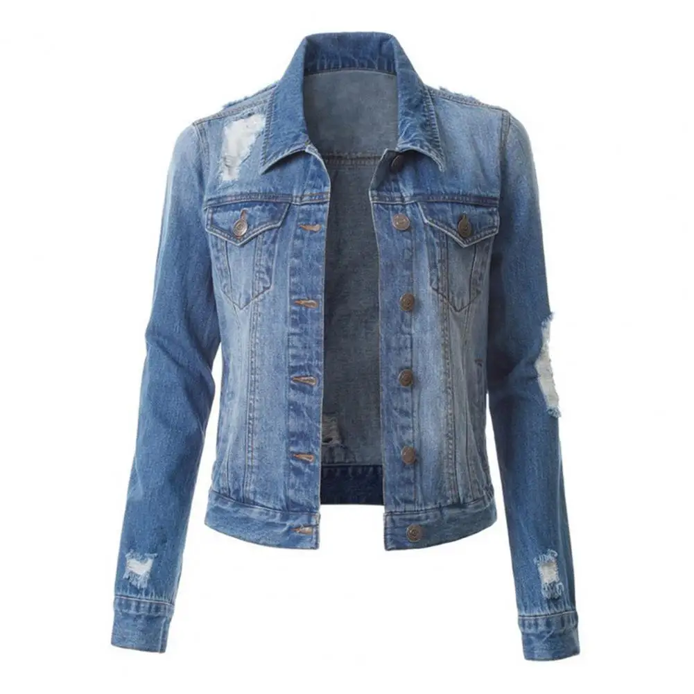 Denim Coat Solid Color Ripped Autumn Winter Washed Single Breasted Lapel Jeans Jacket Streetwear