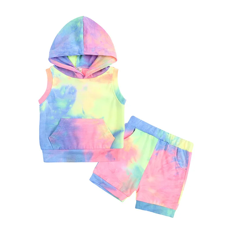 Boys Kids Tie-dyed 2 pieces Clothes Sets Girls Cotton Summer Short Tracksuits Tops Infant Solid color Hoodie Set Outfits