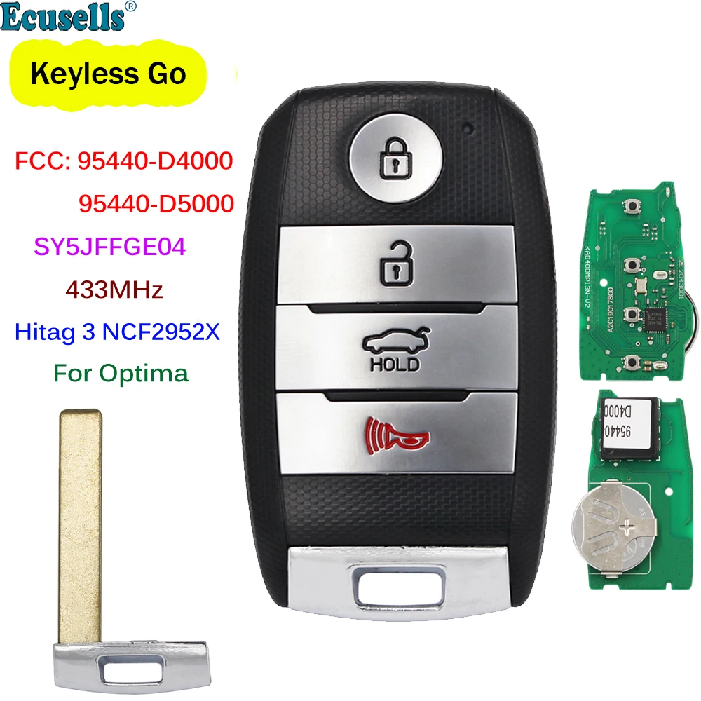 

4 Button Smart Key Remote 433MHz HITAG 3 NCF2952C Chip For KIA Optima 2016-2020 FCC 95440-D4000 95440-D5000 SY5JFFGE04