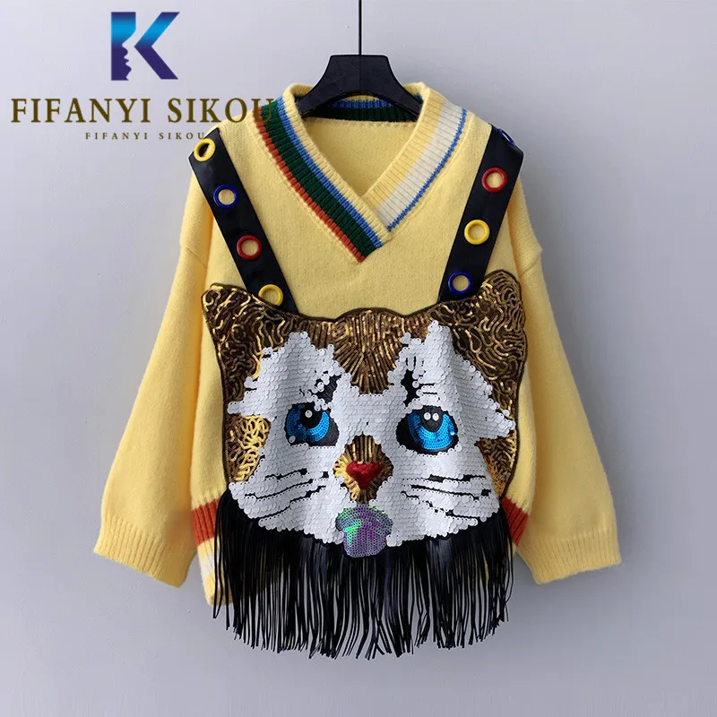 

Cartoon Knitted Sweater Women Sequins Tassel Fashion V-Neck Long Sleeve Pullover Female Winter Warm Sweaters Loose Jumpers Tops