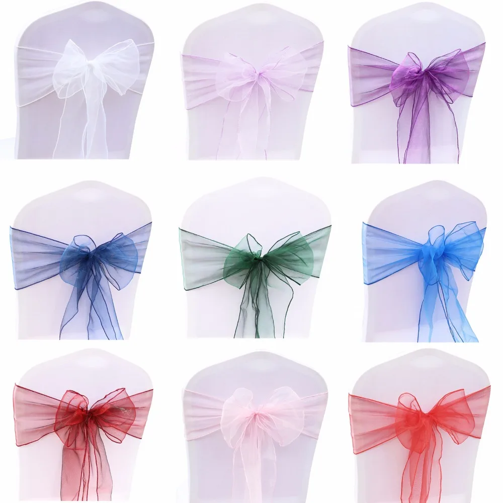 100 pçs organza cadeira faixa arco para cobrir banquete festa de casamento evento chrismas decoração pura organza tecido fornecimento 18cm x 275cm