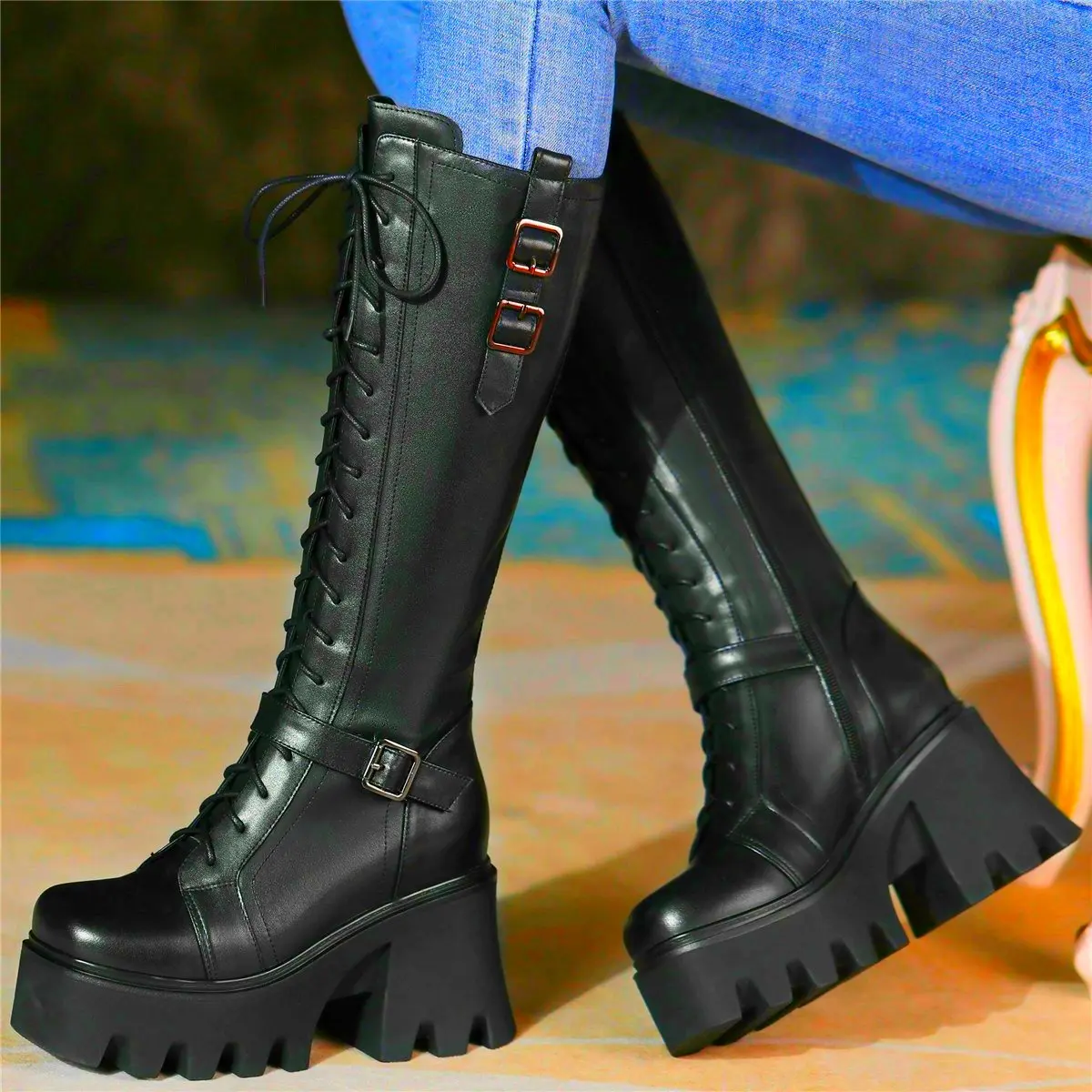 Fashion Military Knee High Boots Women Genuine Cow Leather Platform Tall Long Boots Buckle Round Toe Oxfords 34 35 36 37 38 40