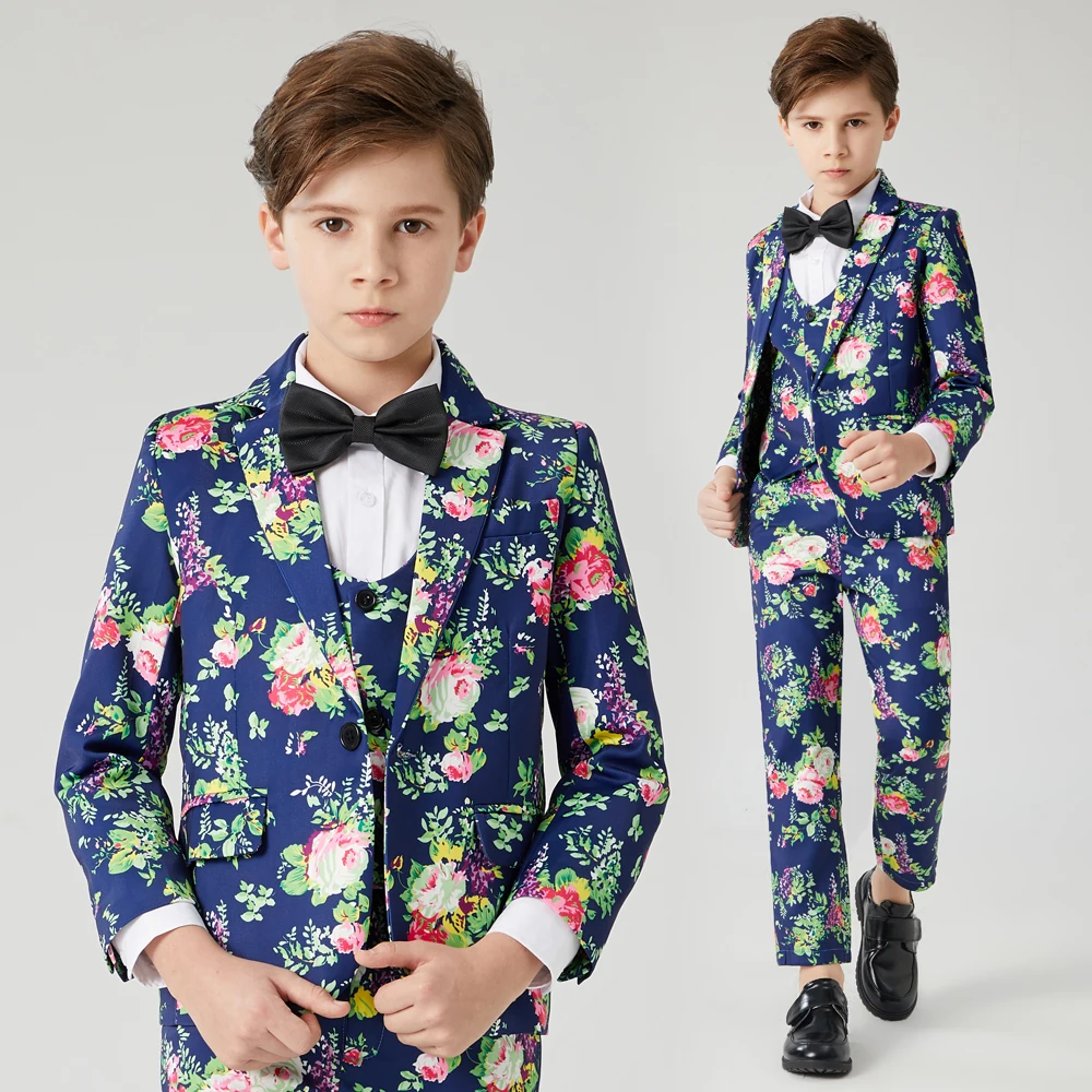 Children's printed Dress Suits Boy Child Wedding Formal Party Suit 3 Pieces Vest Pants Blazers Costume Boys Clothing