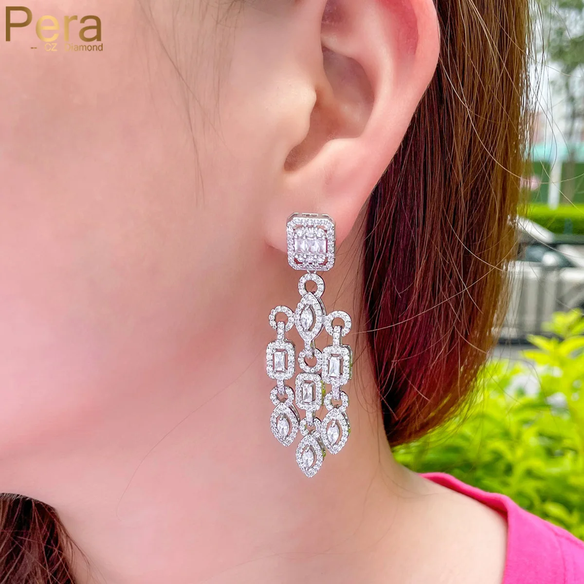 Pera-pendientes colgantes largos de circonia cúbica para mujer, joyería de borla de moda, adorno de fiesta de boda, color blanco, E812