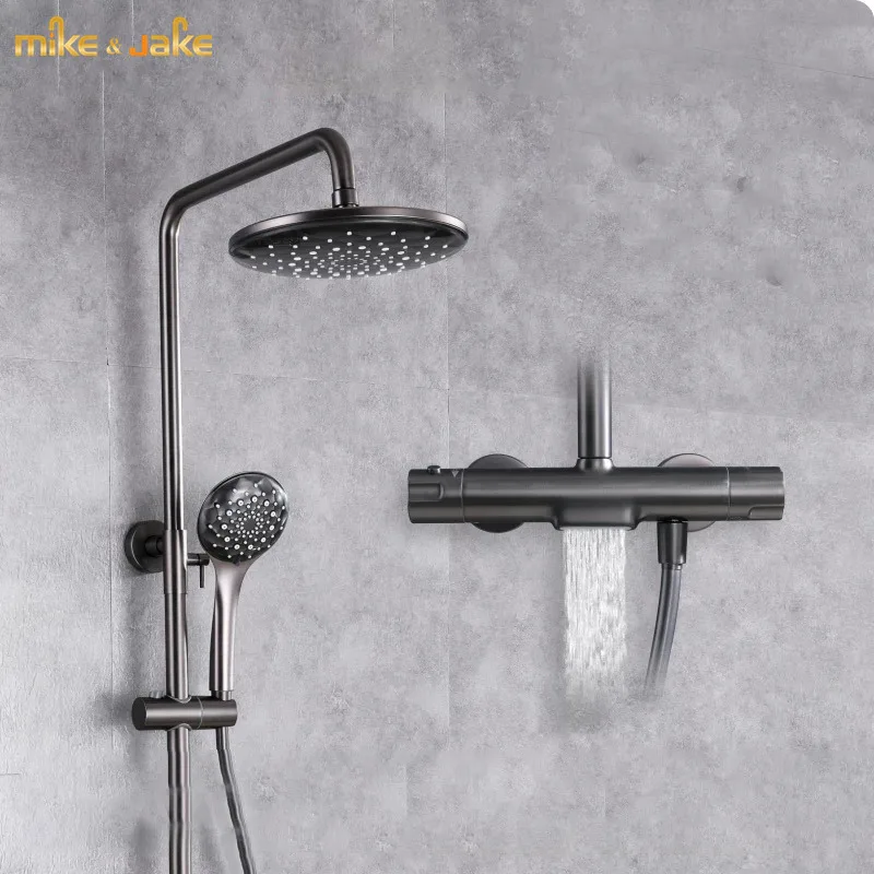 

Gunmetal shower set thermostatic bathroom wall shower mixer luxury bathroom gun metal wall shower mixer bathtub hot & cold tap