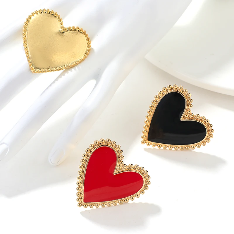 Lifefontier Vintage Red Black Enamel Love Heart Shaped Rings for Women Adjustable Gold Color Metal Rings Party Jewelry Gift