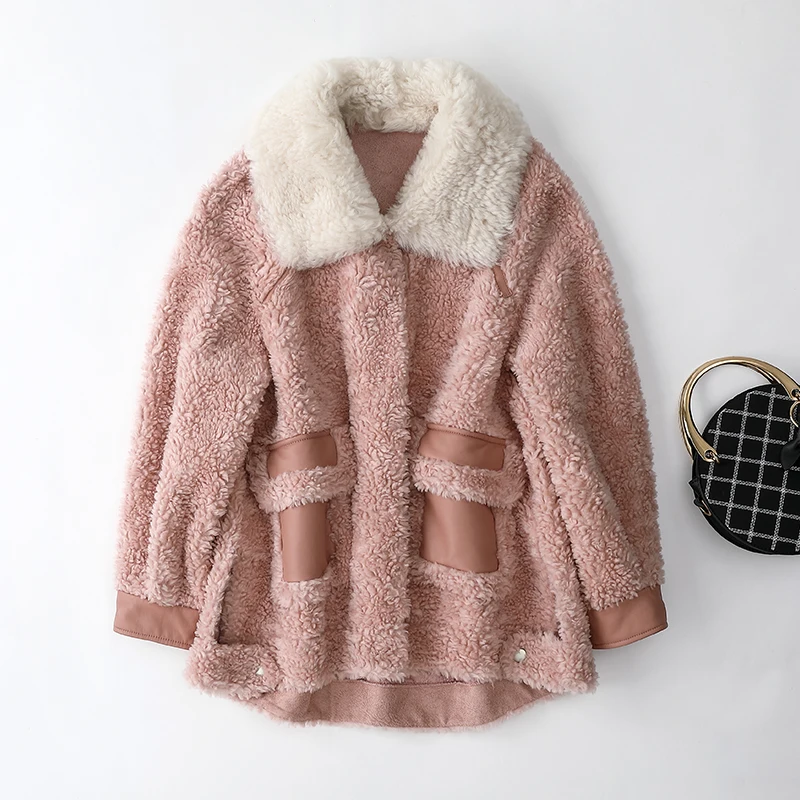 Pink Sheep Shearing Vintage Jacket Women Winter Clothes 2020 Korean Short Real Fur Coat Female 100% Wool Coat Fur Top Hiver 1919