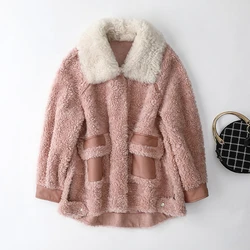 Giacca da donna Vintage tosata di pecora rosa abbigliamento invernale da donna 2020 cappotto di pelliccia corto coreano femminile 100% cappotto di lana Top di pelliccia Hiver 1919