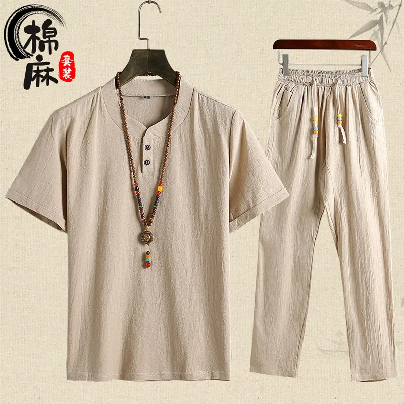 (Shirt + trousers) summer fashion men shirt Man Cotton and linen shirts Short sleeve men\'s casual shirts men full size M-5XL