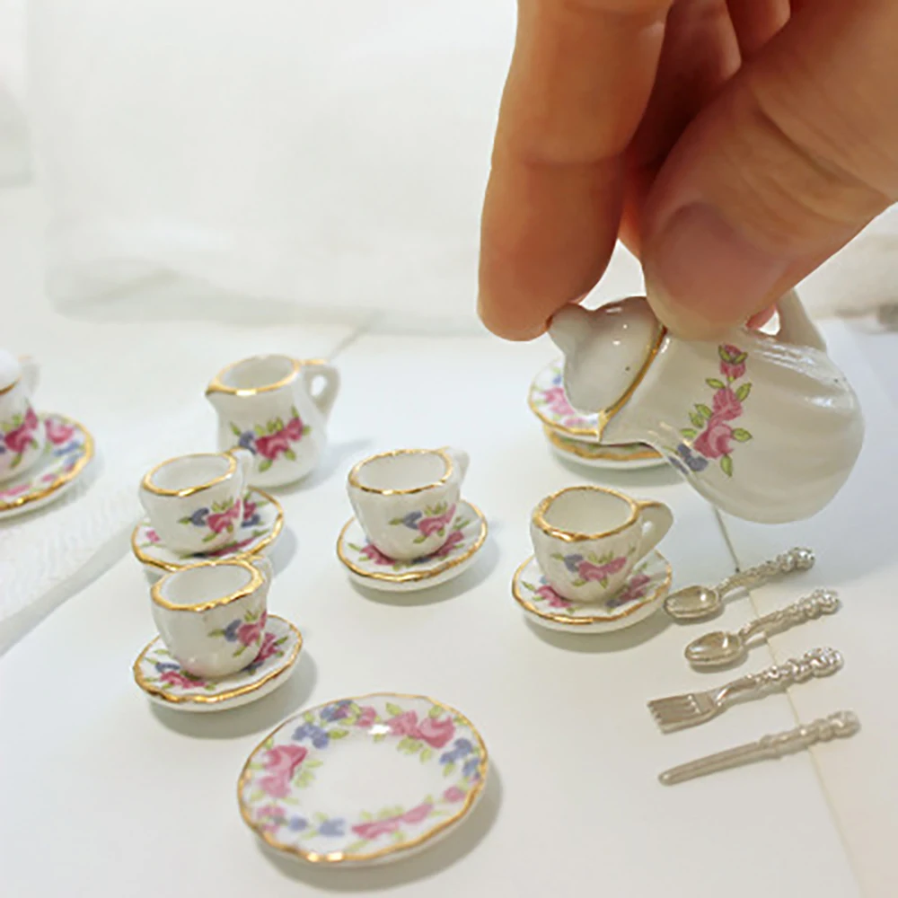 15Pcs 1/12 Dollhouse Miniature Accessories Mini Ceramics Tea Set Simulation Kettle Plate Cup Model Toys Doll House Decoration