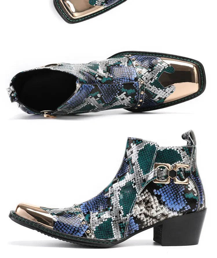 Men's Cowhide Serpentine Print Metal Decor Pointed Toe Belt High‑Heel Short Boots Western Cowboy Boots For Stage Show Party