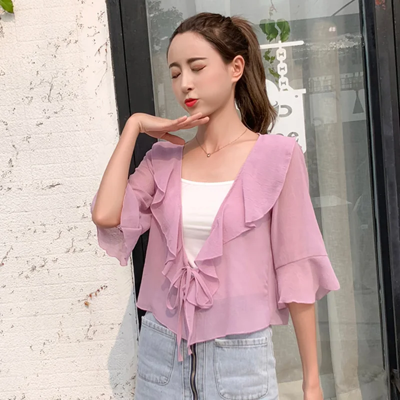 Pearl Diary Chiffon Blouse Bow Tie Front Ruffle Neckline And Sleeve Summer Drapey Sheer Blouse Beach Casual Chiffon Cover Up