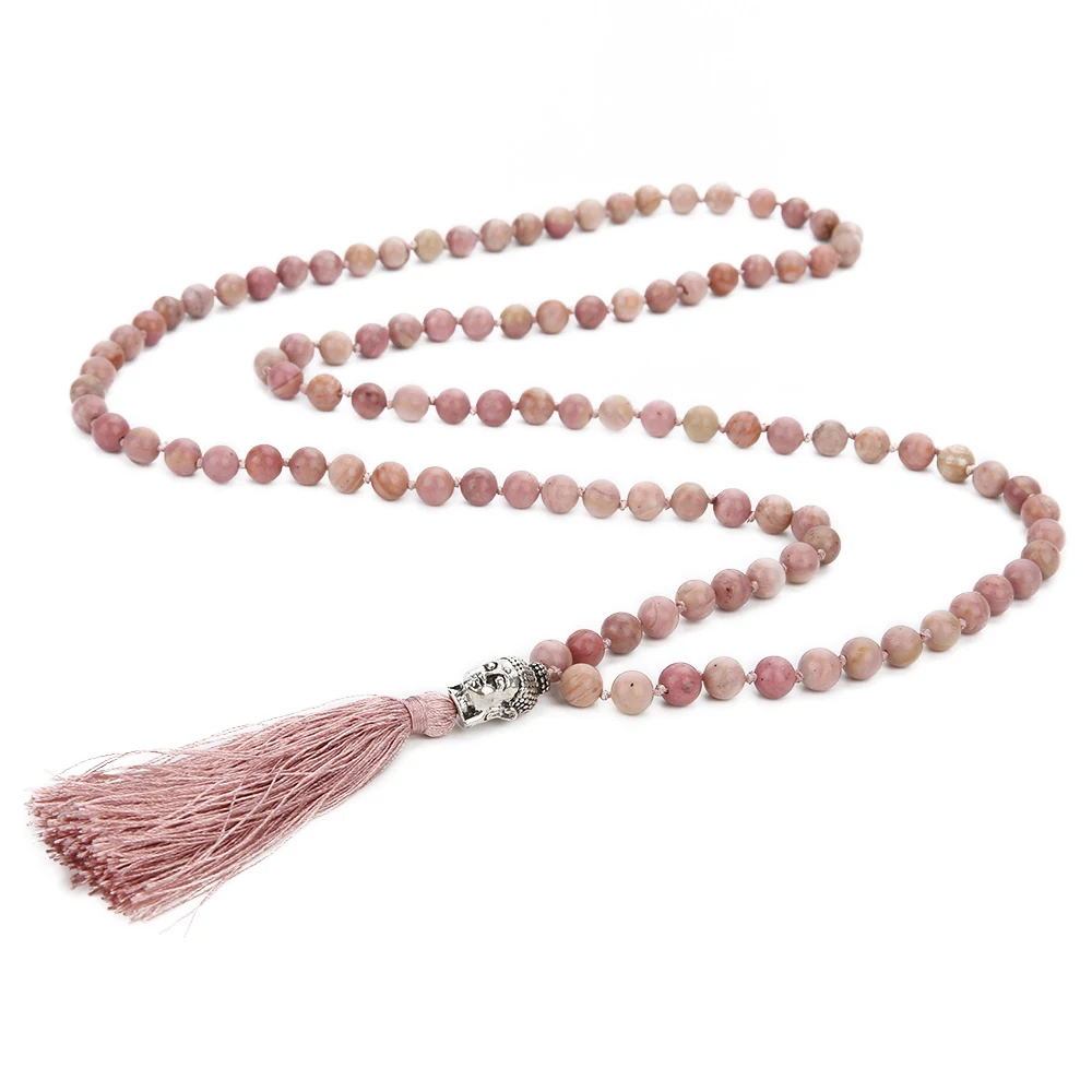 Natural Rhodolite Knotted 108 Mala Beads Necklace Meditation Yoga Jewelry with Buddha Head Pendant for Men and Women