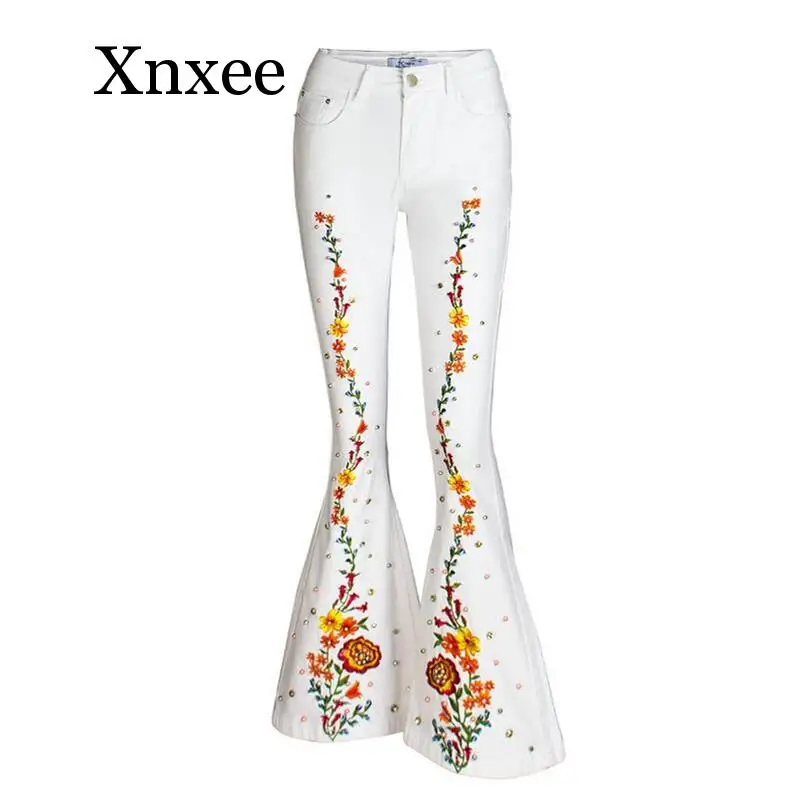 

Spring European American embroidery Fashion Women Flares Jeans Stretch Button Beaded Jeans Casual Denim Pants Trousers