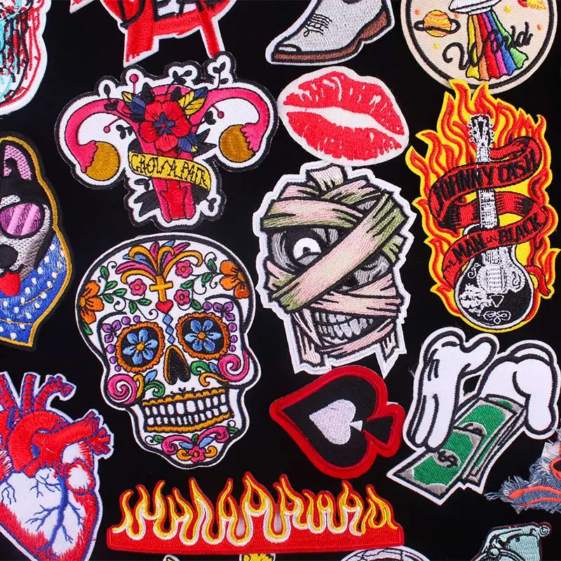 Mexican Skull Patch Punk Biker Iron on Embroidered Patches On Clothes Lips Heart Patches Embroidery Patches For Clothes Badge