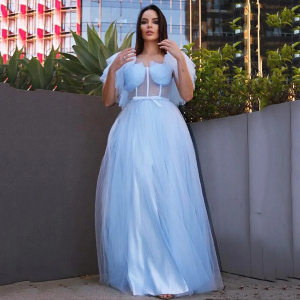 Eeqasn Sky Blue Tulle Long Bridesmaid Dress Cap Sleeves Wedding Guest Gowns Bones Simple Formal Dresses For Women Wedding Party