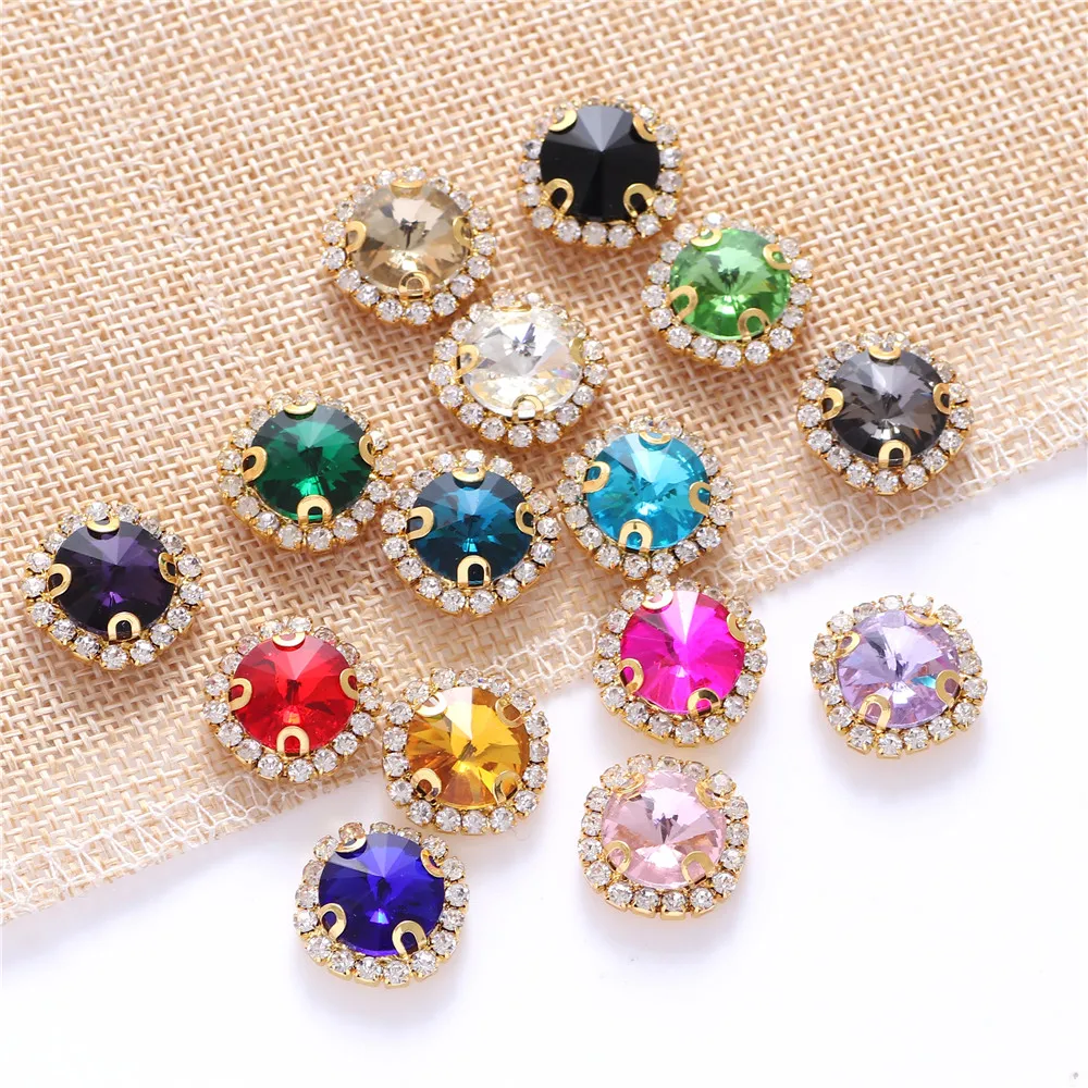 New 10pcs Colorful Round Glass Sew on Rhinestones With Golden Lace Claw Sewing Crystal Flatback Red Rhinestone For Needlework