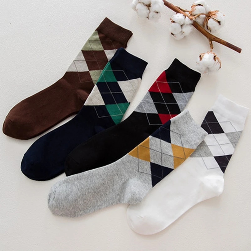 Men Winter Autumn Cotton Socks Vintage Contrast Color Argyle Plaid Patterned Print Breathable Formal Business Casual Tu