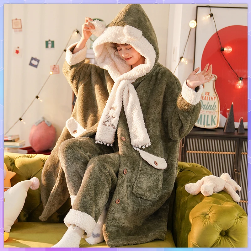 

Sweet Hooded Women's Pajamas Nightgown Winter Flannel Kawaii Female Cute Thicker Soft Chic Warm Robes Home Clothes Plus Size 2XL