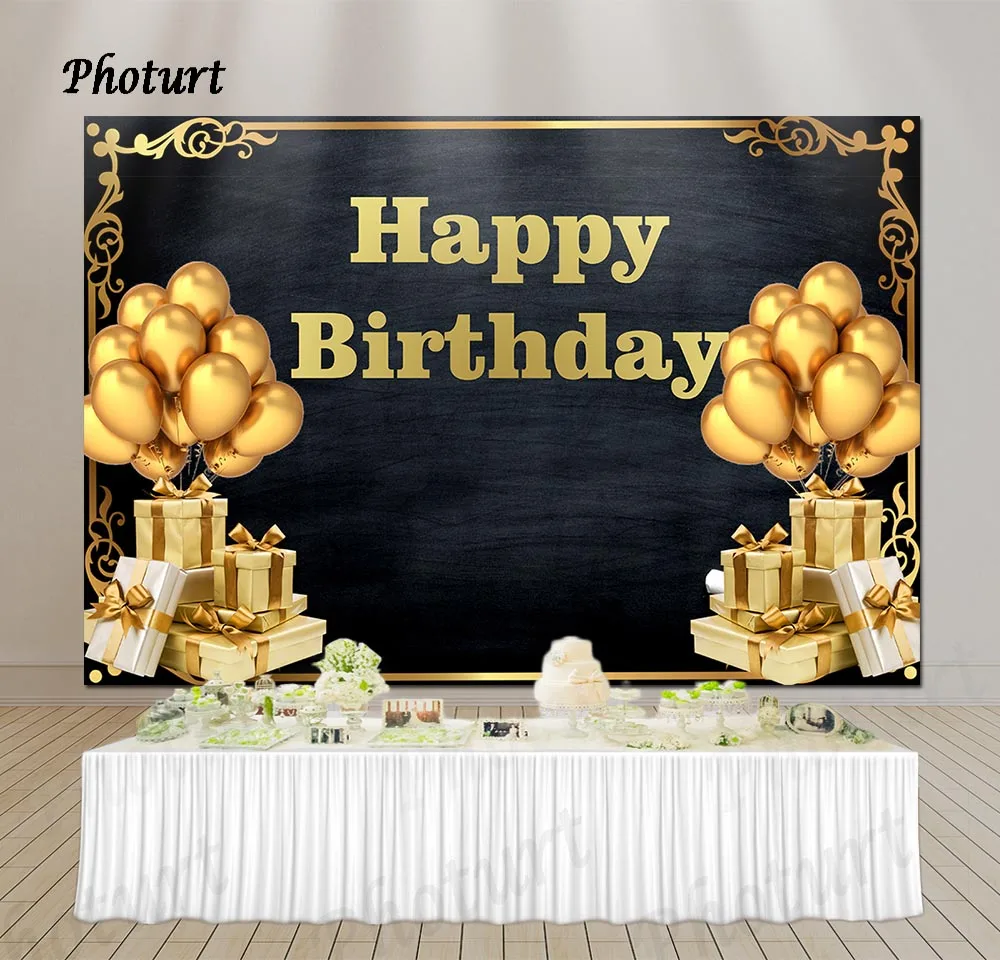 

PHOTURT Golden Balloon Backdrop Birthday Party Wedding Photography Banner Gift Box Photo Background Vinyl Studios Decorate Props