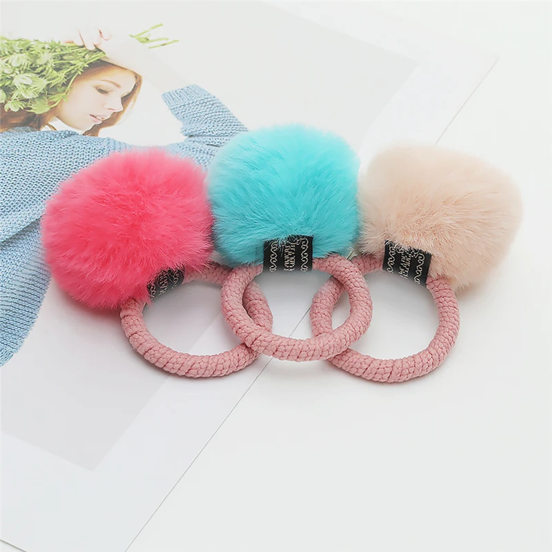 2PCS Furry Balls Hair Ties Cute Hair Rubber Bands For Children Girls Headwear Elastic Ponytail Holder Scrunchie Hair Accessories