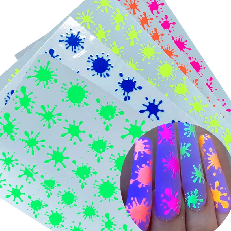 5 sheets/lot Neon Fireworks Nail Stickers 3D Fluorescent Nail Art Design Summer Self Adhesive Water Transfer Decals Foil Tips