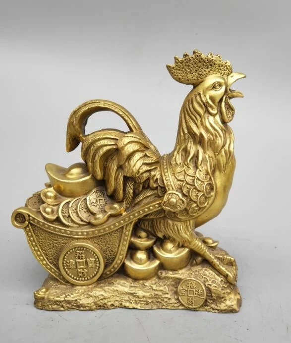 

China's Seiko carving pure brass cock pull coin cart wealth statue