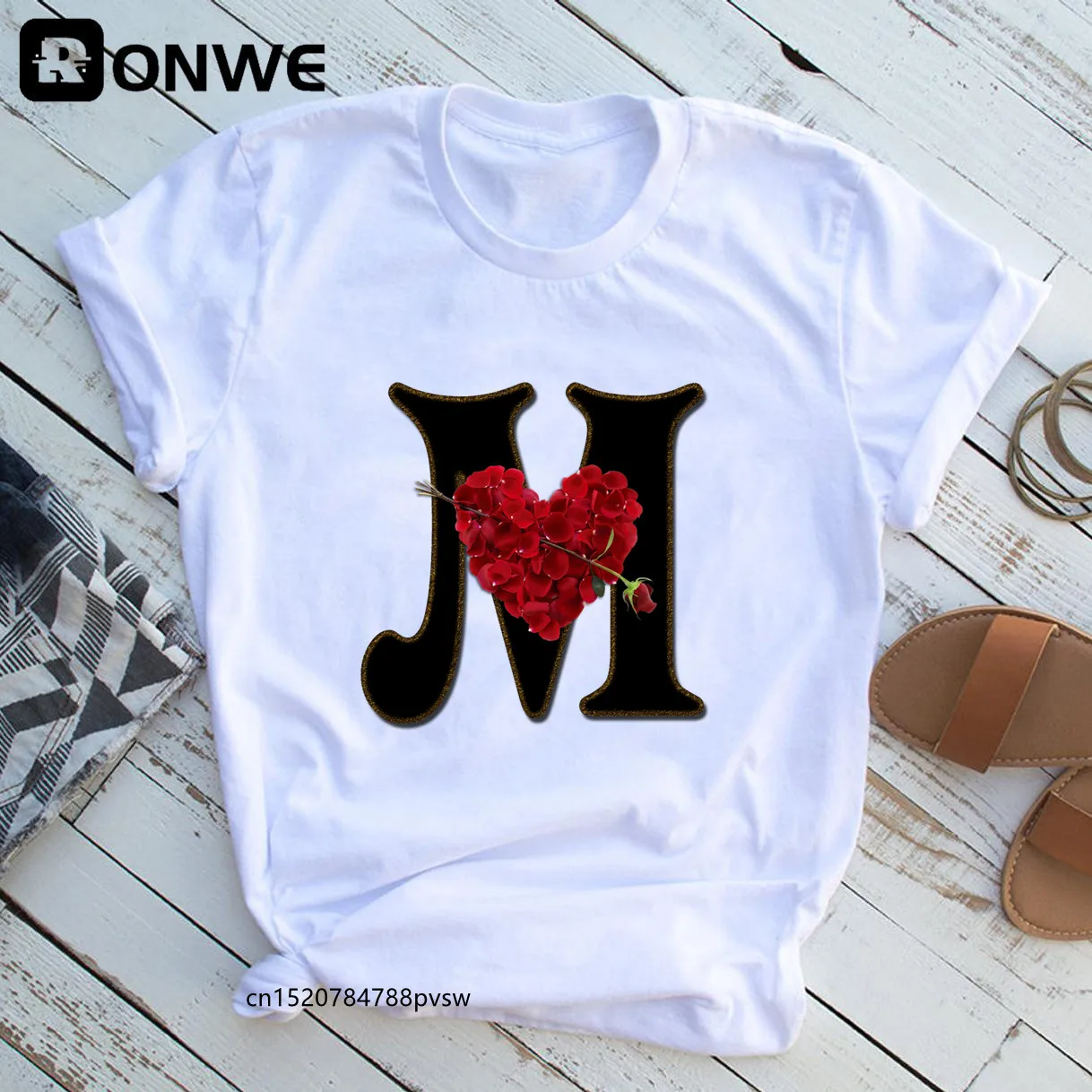 Women's Rose Heart Letter Combination Printing T-shirt Girl Flower Letter Font A B C D E F G Short sleeve Tshirt,Drop Ship