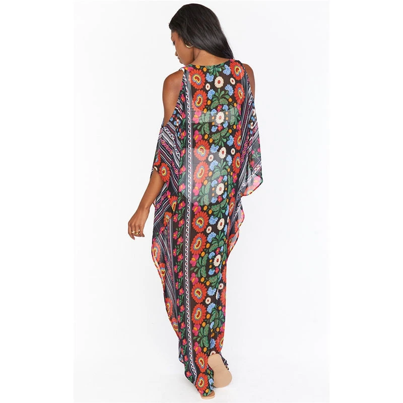 Off Shoulder Maxi Jurk Semi-Sheer Chiffon Flowy Bloemen Boho Beach Party Gown Dashiki Levendige Kleur Kiel Jurk Resortwear gewaad