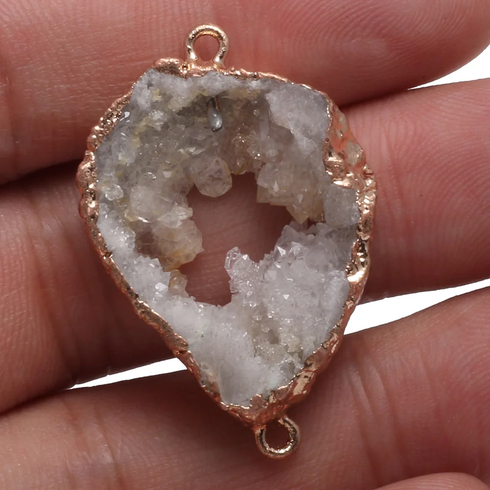 Natural Druzy Agates Pendant Connectors Irregular Gold Plated Double Hole Connectors for DIY Jewelry Making