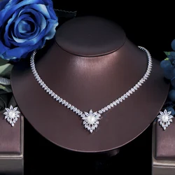 ThreeGraces Elegant White Cubic Zirconia Silver Color Simulated Pearl Stud Earrings Necklace Wedding Jewelry Set for Women TZ803