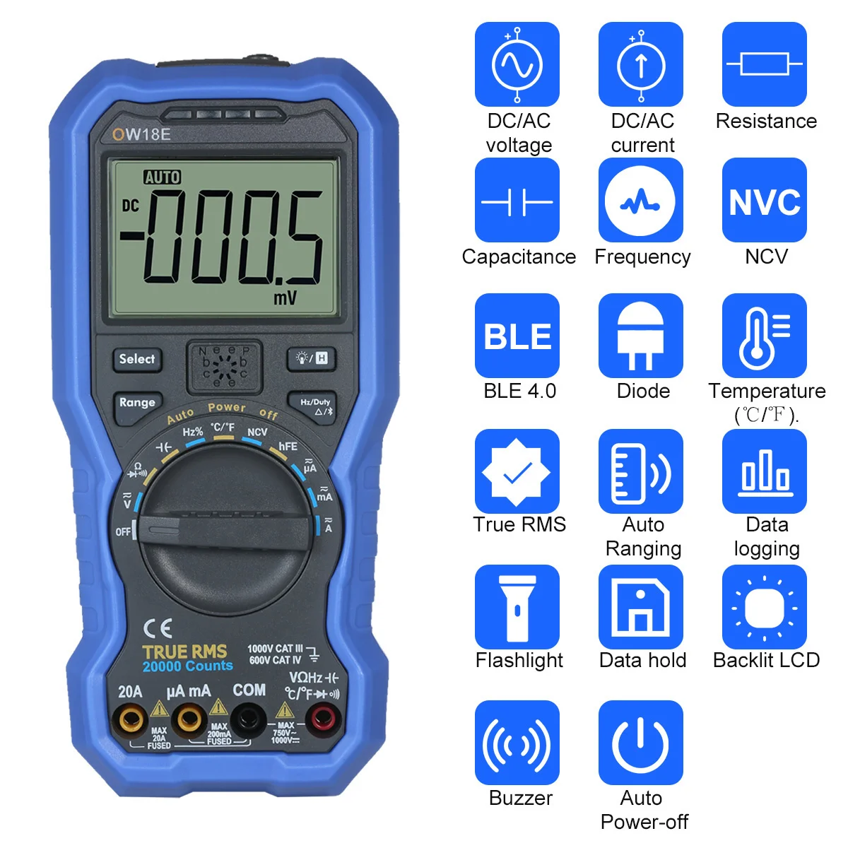 

OWON OW18E 4 1/2 Digit Smart BLE4.0 True RMS Digital High Accuracy LCD Multimeter With Wireless Connection Data Log Auto-ranging