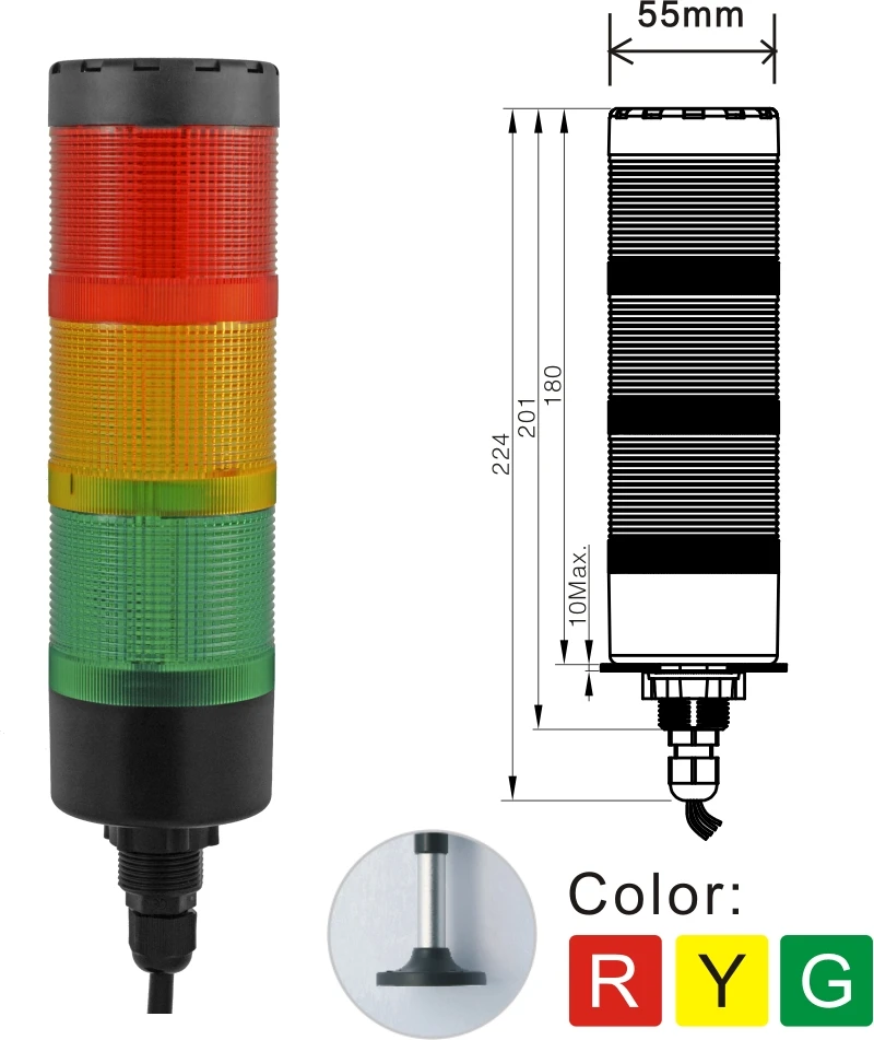 ELEWIND 55 มม.ไฟสัญญาณทาวเวอร์ 3 ชั้นพร้อมไฟแฟลชพร้อม Buzzer หรือไม่มี Buzzer (YWJD-55D/3/RYG/24V)